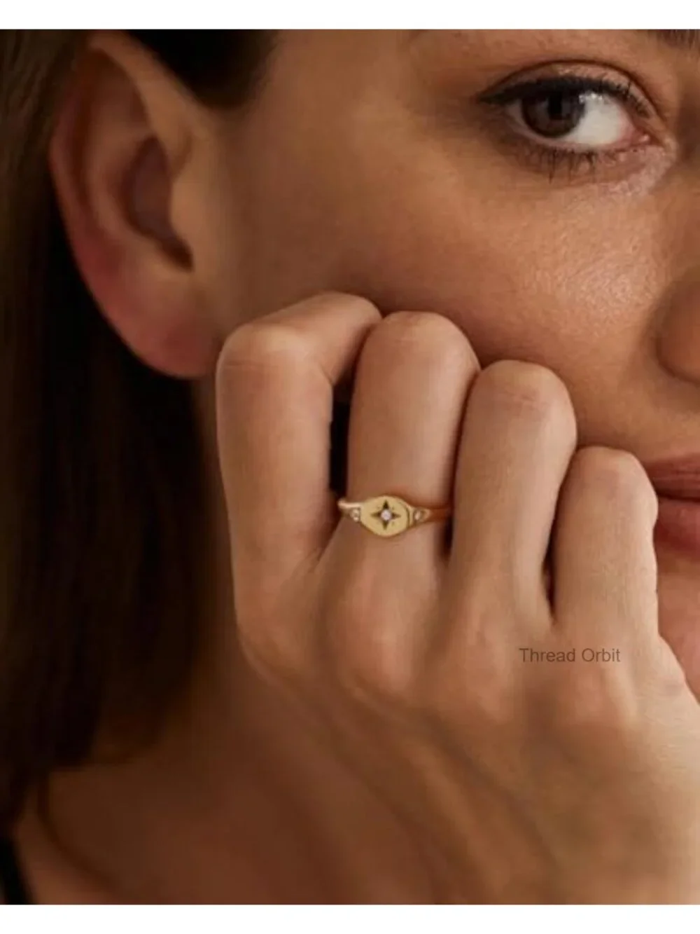 18K Gold Plated Stainless Steel North Star Signet Ring Cubic Zirconia Stacking